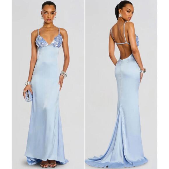 NWT $1,198 Oline Ice Blue Embroidered Satin Beaded Sequin Dress Gown Medium  Rare